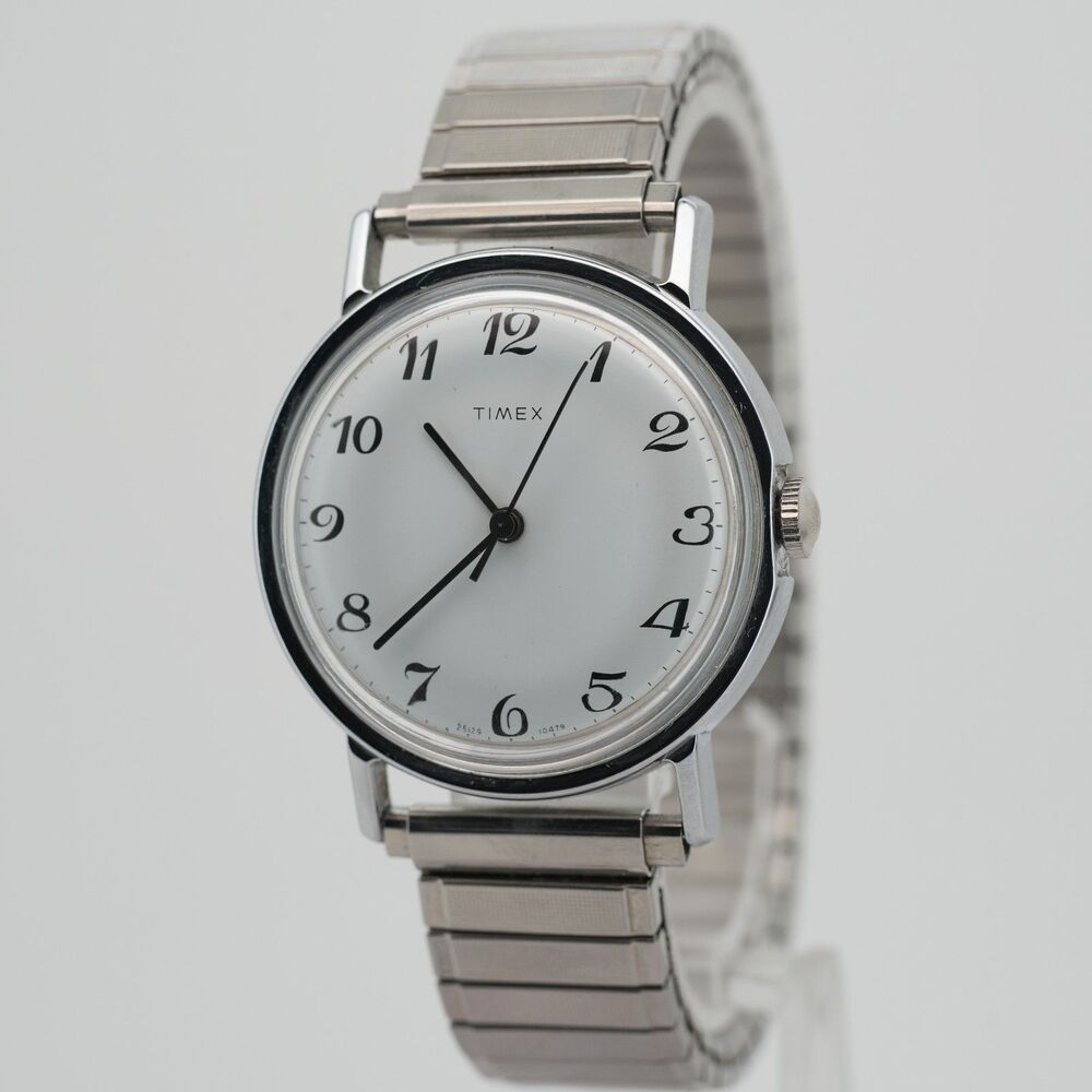 Vintage 1979 Timex Mercury White Dial Mechanical Manual Wind Watch 34mm Running